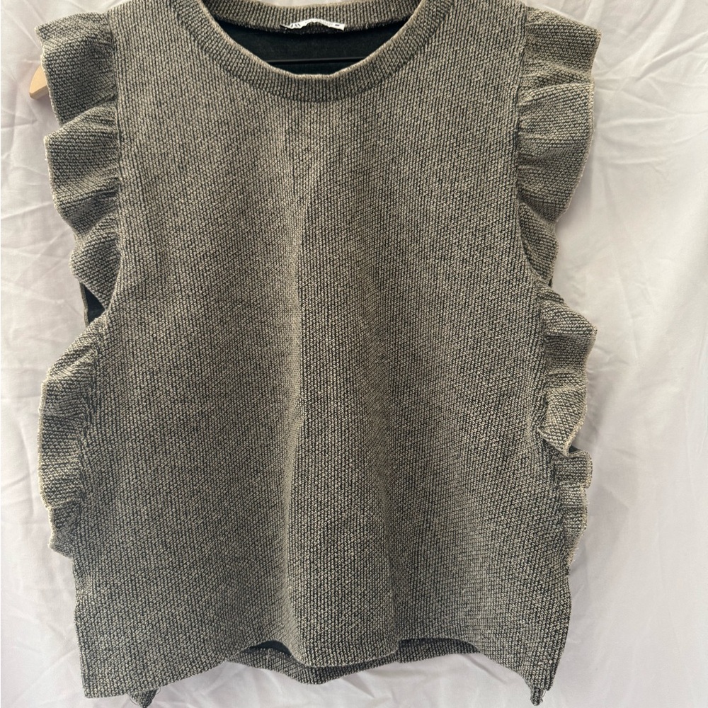 Zara Black and Gray Knit with Ruffle Sleeves